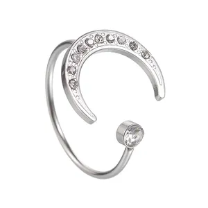 Bague Ouverte Minimaliste en Acier Inoxydable Lune Zircon Réglable Argent Strass Incrusté Bijoux de Mode Pour Femmes