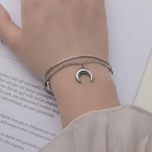 Minimalist double-layered silver crescent moon bracelet for women made of durable titanium steel