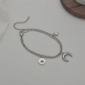 Double-layered stainless steel moon and star pendant bracelet with adjustable link chain