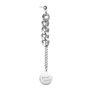 Silver chain drop earrings with Good Luck engraved round tag and asymmetric links