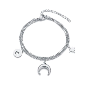Minimalist double layer crescent moon and star stainless steel bracelet in silver