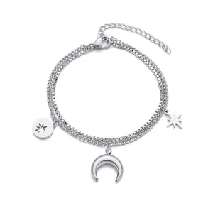 Minimalist Double Layer Moon Star Stainless Steel Bracelet Polished Silver Tone Celestial Jewelry For Women Daily Wear