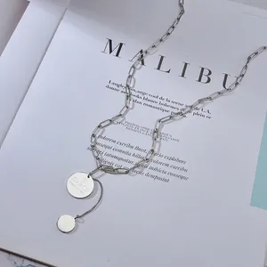 Minimalist stainless steel long chain necklace with double coin pendants and silver finish