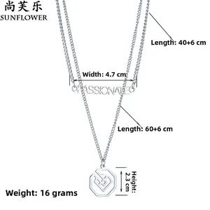 Close-up of double-layer titanium steel necklace showing Passionate pendant and measurements