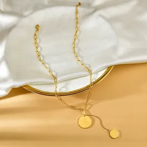 Minimalist gold stainless steel paperclip chain necklace with round coin pendants