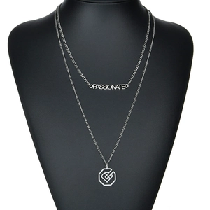 Double-layered silver titanium steel necklace with passionate letter and geometric pendant