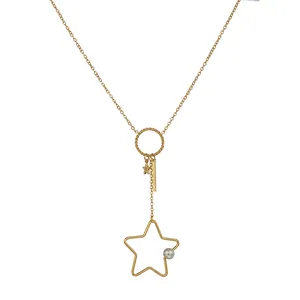 Halskette Aus Edelstahl Mit Hohlem Stern Und Künstliche Perlenanhänger Lange Quaste Y-Förmige Kette Eleganter Minimalistischer Damenschmuck