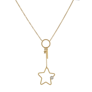 Minimalistische goldene Y-Halskette mit hohlem Sternanhänger und weißem Perlendetail