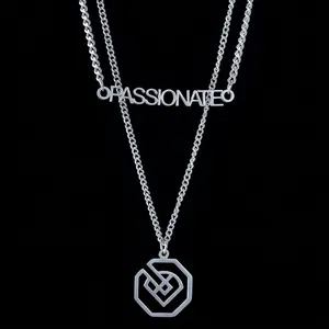 Double-layered silver titanium steel necklace with passionate letter and octagonal pendants