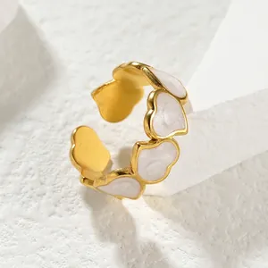 Vintage gold-plated open ring with white enamel heart-shaped mosaic inserts for women