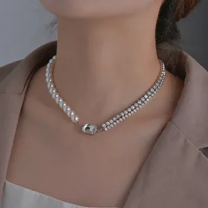 Elegant necklace with half pearls and half rhinestone chain featuring a square crystal pendant