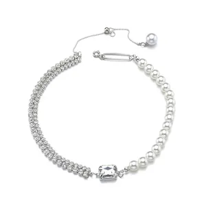 Asymmetric Artificial Pearl Rhinestone Chain Necklace Alloy Silver Plated Rectangular Crystal Pendant Choker For Women Party Jewelry