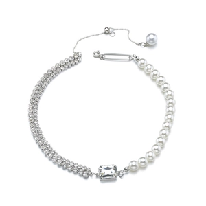 Elegant pearl and rhinestone splice necklace with safety pin clasp and rectangular crystal
