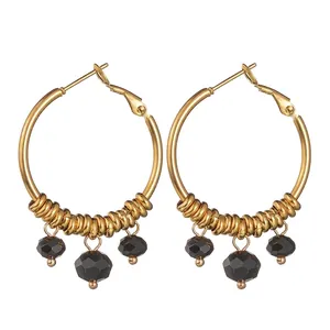 Boucles d'Oreilles Créoles en Acier Inoxydable Rétro Français Avec Perles Pendantes Géométriques Plaqué Or pour Femme