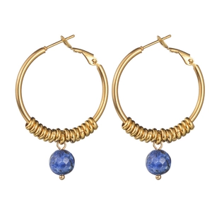 Boucles d'oreilles créoles dorées style français avec gouttes de pierres bleues