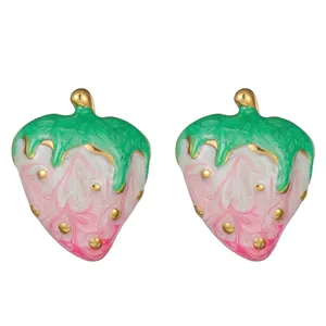 Sweet Strawberry Stainless Steel Stud Earrings For Women Pink Enamel Fruit Dangle Earrings Unique Fashion Jewelry Gift
