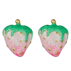 Pink and green strawberry enamel earrings made of high-quality titanium steel