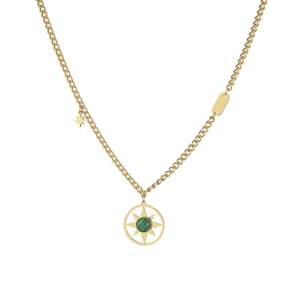 Collier vintage plaqué or 14K avec pendentif soleil malachite verte et étoile