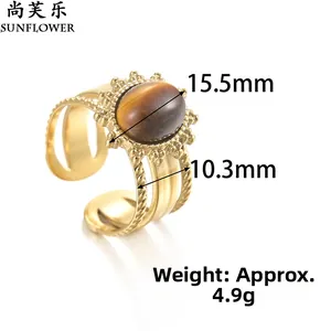 Macro detail of oval tiger eye stone ring with 15.5mm length and beaded gold edge