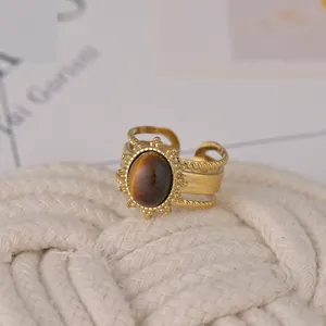 French vintage style 14K gold plated stainless steel ring with oval tiger eye stone