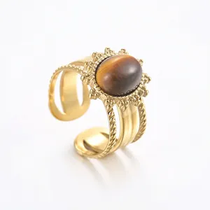 French Vintage Oval Tiger's Eye Stainless Steel Open Ring Elegant 14K Gold Plated Adjustable Jewelry Accessory For Women
