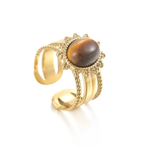 French vintage 14K gold plated stainless steel open ring with oval tiger eye stone