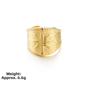 Detail of 18mm wide starburst gold ring showing textured finish and 6.6g weight