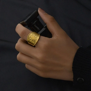 French retro 14K gold plated stainless steel wide open ring with octagram star design
