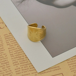 Vintage French 14K gold plated stainless steel wide open ring with engraved North Star motif