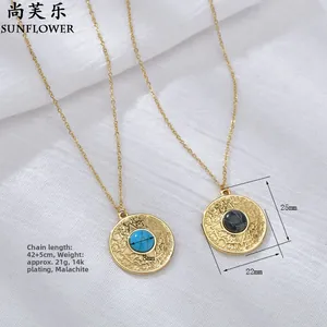 Close-up of vintage gold coin necklaces with turquoise inlay and detailed dimensions