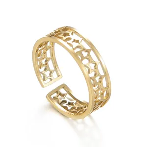 Bague en Acier Inoxydable Étoile Ajourée Plaquée Or 18K Ouverte Réglable Bagues Étoiles Géométriques Pour Femme Bijoux