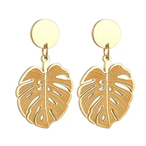 Vintage Monstera Leaf Earrings Stainless Steel Gold Plated Hollow Out Plant Jewelry For Women Party Wedding Elegant Accessory
