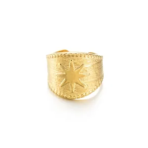 French Vintage Eight Pointed Star Stainless Steel Wide Open Ring For Women Adjustable Gold Plated Polaris Finger Ring