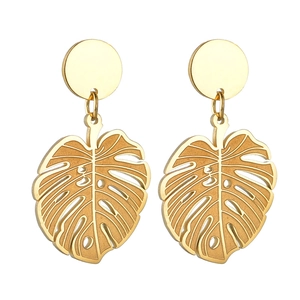 Vintage style gold monstera leaf earrings in polished titanium steel for women