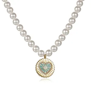 Collana di Künstliche Perle Rétro Francese in Acciaio Inossidabile Placcato Oro Ciondolo a Cuore in Smalto Per Donna Gioielli Eleganti per Feste