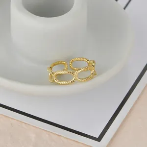 Gold plated titanium steel chain link open ring with vintage twisted rope texture design