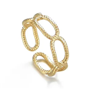 Gold Plated Stainless Steel Adjustable Chain Ring For Women Twisted Rope Texture Hollow Geometric Link Fashion Jewelry