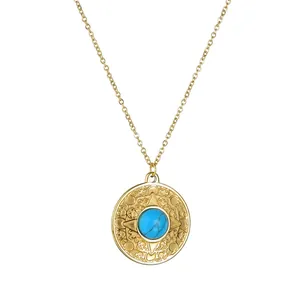 Vintage Bohemian Stainless Steel Round Medallion Pendant Necklace Turquoise Inlay Retro Ethnic Gold Plated Jewelry For Women Party