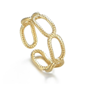Gold minimalist titanium steel hollow chain open ring with twisted texture for women