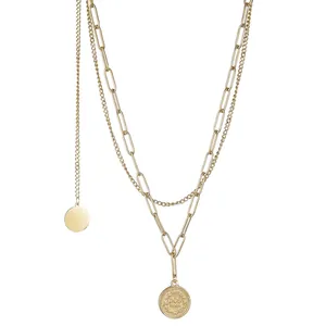 Collier Double Couche en Acier Inoxydable Avec Pendentif Pièce de Monnaie Chaîne Ronde Géométrique Bijoux pour Femme Quotidien