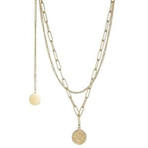 Collier double rang en acier inoxydable doré avec pendentif pièce ronde et maillons