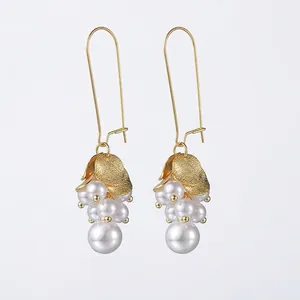 Vintage Stainless Steel Imitation Artificial Pearl Grape Cluster Long Drop Earrings For Women Elegant Frosted Metal Wedding Jewelry