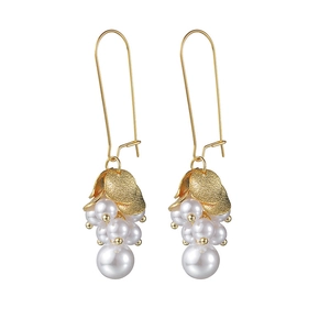 Vintage style grape cluster earrings with gold leaves and white pearls for women