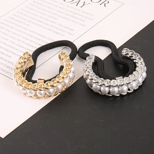 Minimalist C-shaped metal hair tie set with faux pearls in gold and silver finishes