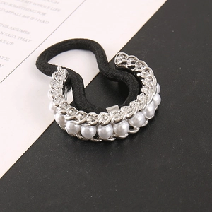 Elegant black hair tie with silver metal band featuring white pearls and tiny rhinestones