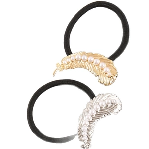 Vintage Alloy Feather Hair Ties For Women Artificial Pearl Elastic Hair Bands Gold Silver Scrunchies Hair Accessories