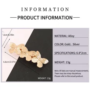 Golden butterfly hair clip with alloy material and realistic texture for women