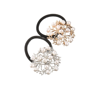 Elegant Alloy Coral Branch Artificial Pearl Hair Ties With Rhinestones High Elasticity Gold Silver Hair Rings For Women Hair Accessories