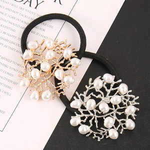 Elegant coral shaped hair ties set with pearls and rhinestones on black elastic ropes