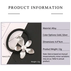 Silbernes Blumen-Haargummi mit weißer Perle und schwarzem Gummiband für Pferdeschwanz